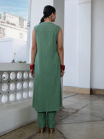 Thumbnail for Janasya Straight Jacquard Sage Self Design V-Neck with Band Collar Kurta & Bottom - Distacart