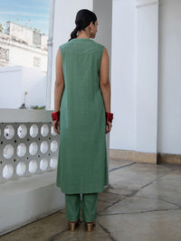 Thumbnail for Janasya Straight Jacquard Sage Self Design V-Neck with Band Collar Kurta & Bottom