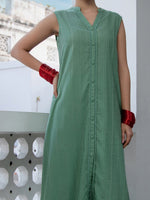 Thumbnail for Janasya Straight Jacquard Sage Self Design V-Neck with Band Collar Kurta & Bottom - Distacart