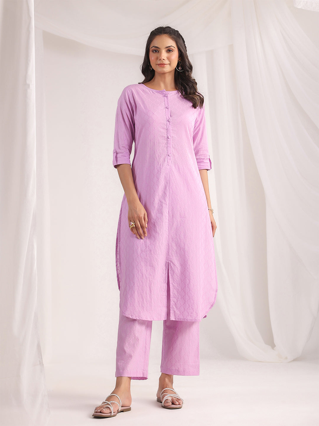 Janasya Straight Jacquard Lavender Self Design Round Neck Co-Ords - Distacart