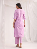 Thumbnail for Janasya Straight Jacquard Lavender Self Design Round Neck Co-Ords - Distacart