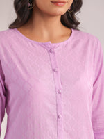 Thumbnail for Janasya Straight Jacquard Lavender Self Design Round Neck Co-Ords - Distacart