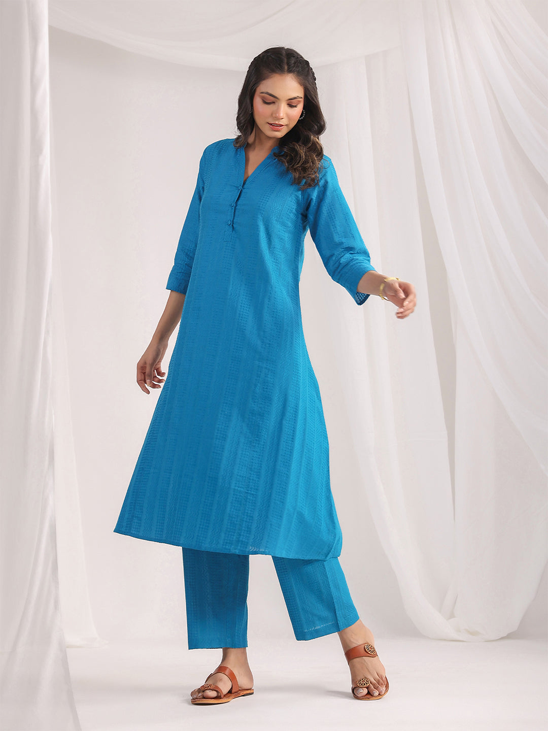 Janasya A-Line Jacquard Teal Solid Band Collar Co-Ords