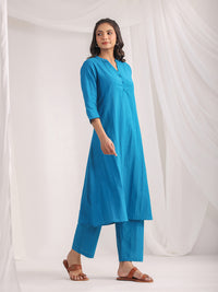 Thumbnail for Janasya A-Line Jacquard Teal Solid Band Collar Co-Ords