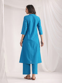 Thumbnail for Janasya A-Line Jacquard Teal Solid Band Collar Co-Ords