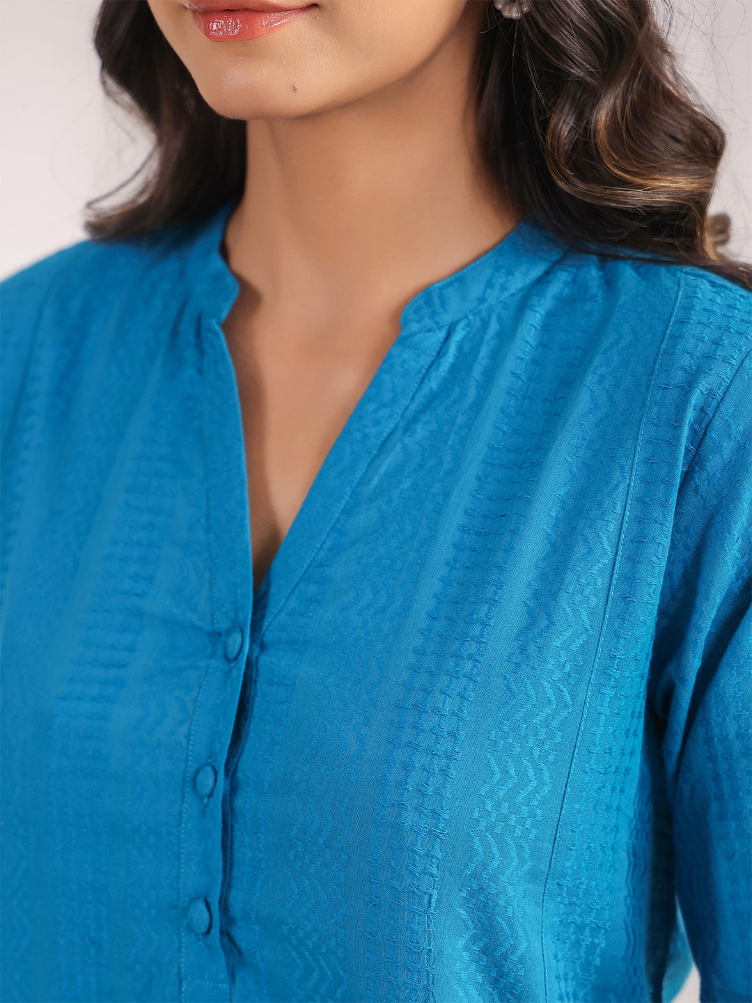 Janasya A-Line Jacquard Teal Solid Band Collar Co-Ords