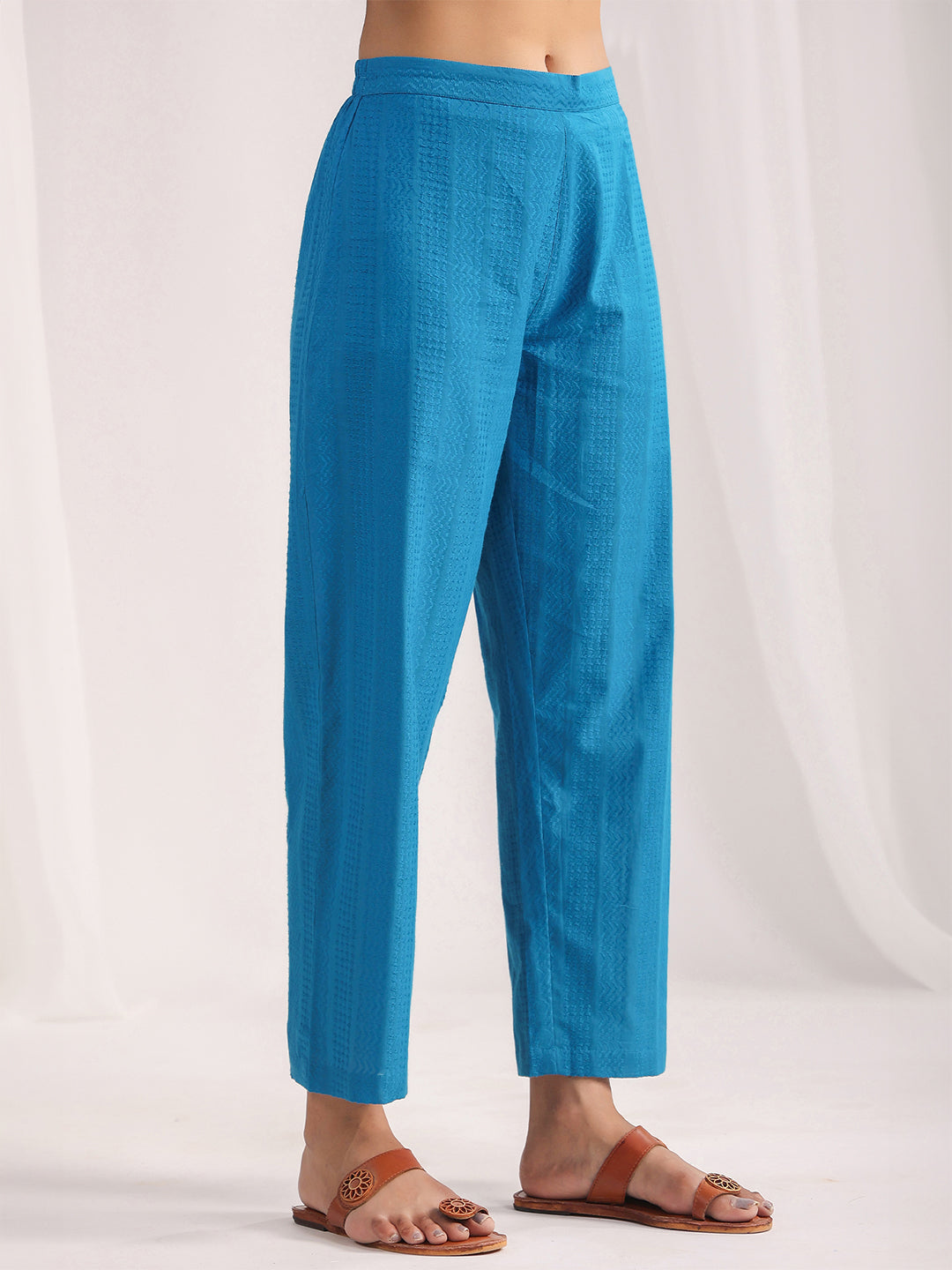 Janasya A-Line Jacquard Teal Solid Band Collar Co-Ords