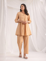 Thumbnail for Janasya Pleated Jacquard Peach Self Design V-Neck Co-Ords - Distacart