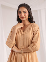 Thumbnail for Janasya Pleated Jacquard Peach Self Design V-Neck Co-Ords - Distacart