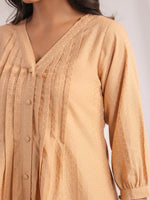 Thumbnail for Janasya Pleated Jacquard Peach Self Design V-Neck Co-Ords - Distacart