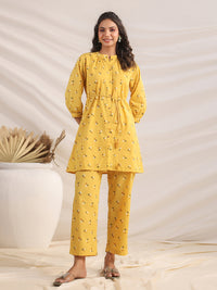 Thumbnail for Janasya Gathering Cambric Mustard Geometric Band Collar Co-Ords