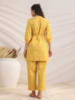 Thumbnail for Janasya Gathering Cambric Mustard Geometric Band Collar Co-Ords - Distacart