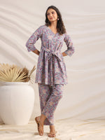 Thumbnail for Janasya A-Line Cambric Grey Ethnic Motifs V-Neck Co-Ords - Distacart