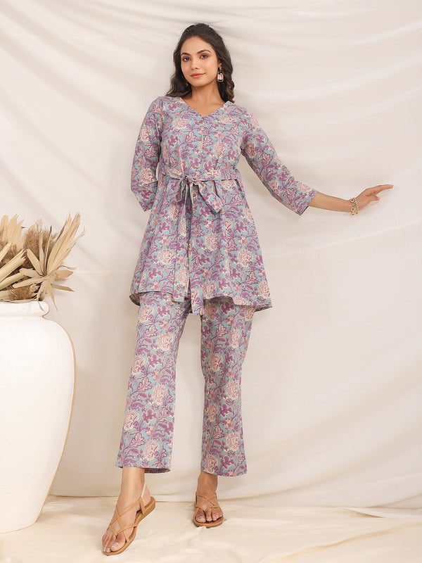 Janasya A-Line Cambric Grey Ethnic Motifs V-Neck Co-Ords - Distacart