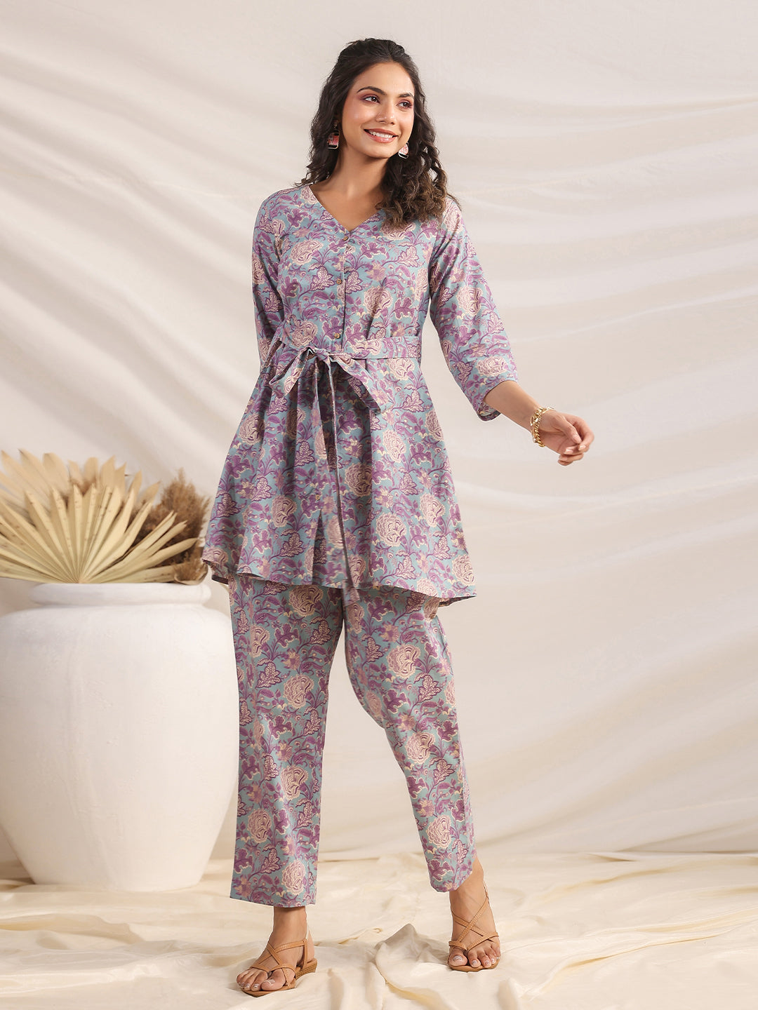 Janasya A-Line Cambric Grey Ethnic Motifs V-Neck Co-Ords - Distacart