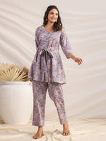 Thumbnail for Janasya A-Line Cambric Grey Ethnic Motifs V-Neck Co-Ords - Distacart