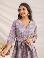 Thumbnail for Janasya A-Line Cambric Grey Ethnic Motifs V-Neck Co-Ords - Distacart
