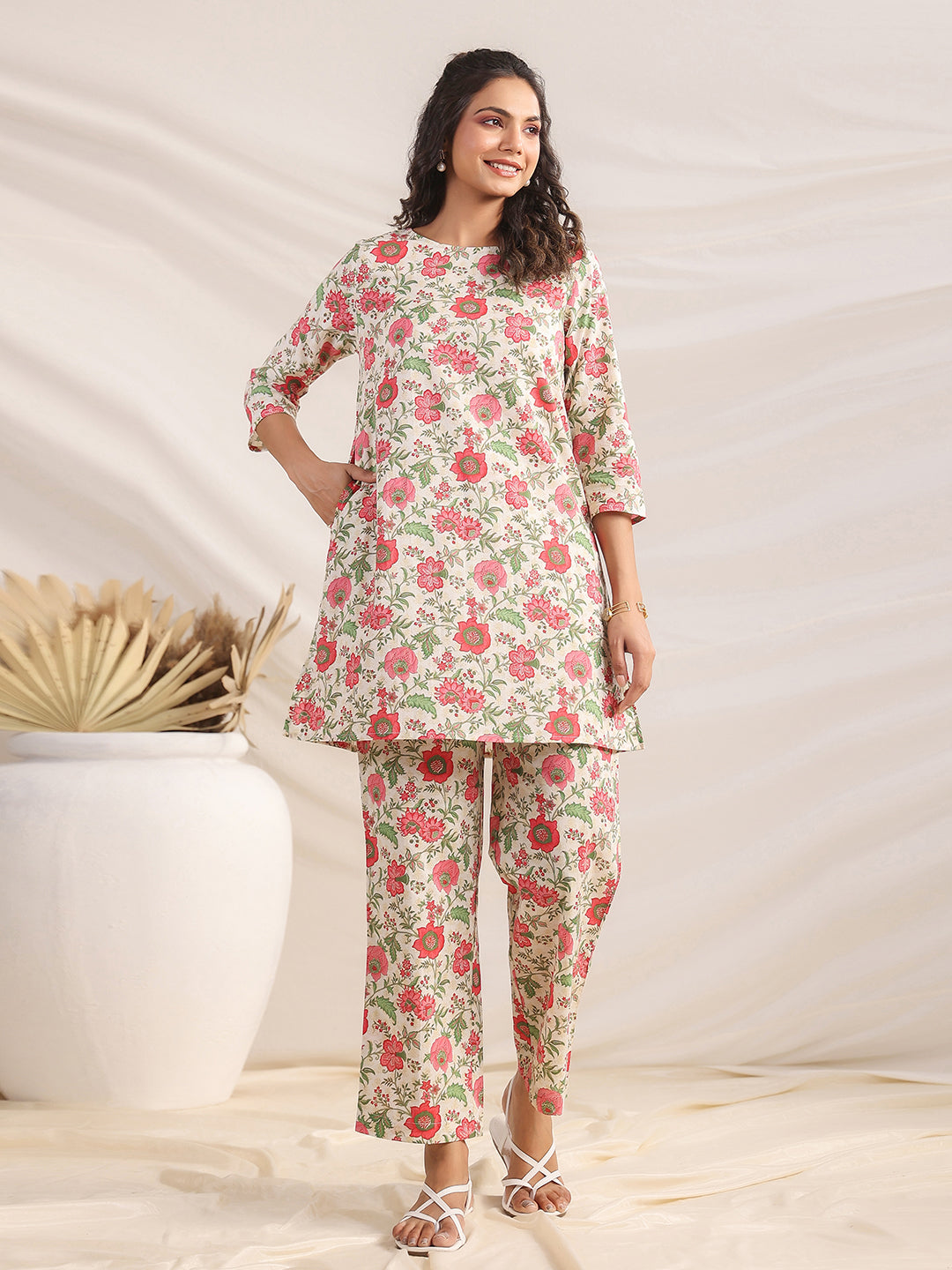 Janasya A-Line Cambric Beige Floral Round Neck Co-Ords - Distacart