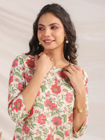 Thumbnail for Janasya A-Line Cambric Beige Floral Round Neck Co-Ords - Distacart