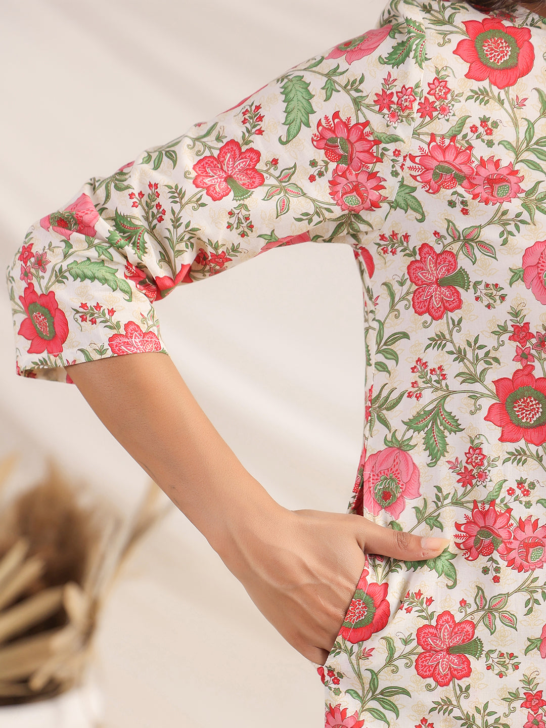 Janasya A-Line Cambric Beige Floral Round Neck Co-Ords - Distacart