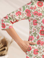 Thumbnail for Janasya A-Line Cambric Beige Floral Round Neck Co-Ords - Distacart