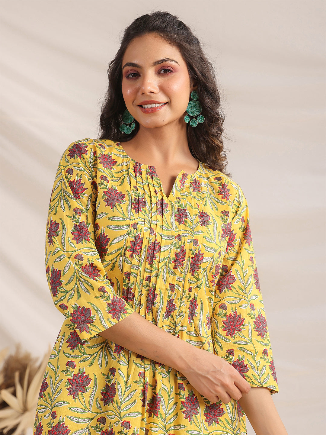 Janasya Bright Cotton Floral Pleated Top & Bottom Set
