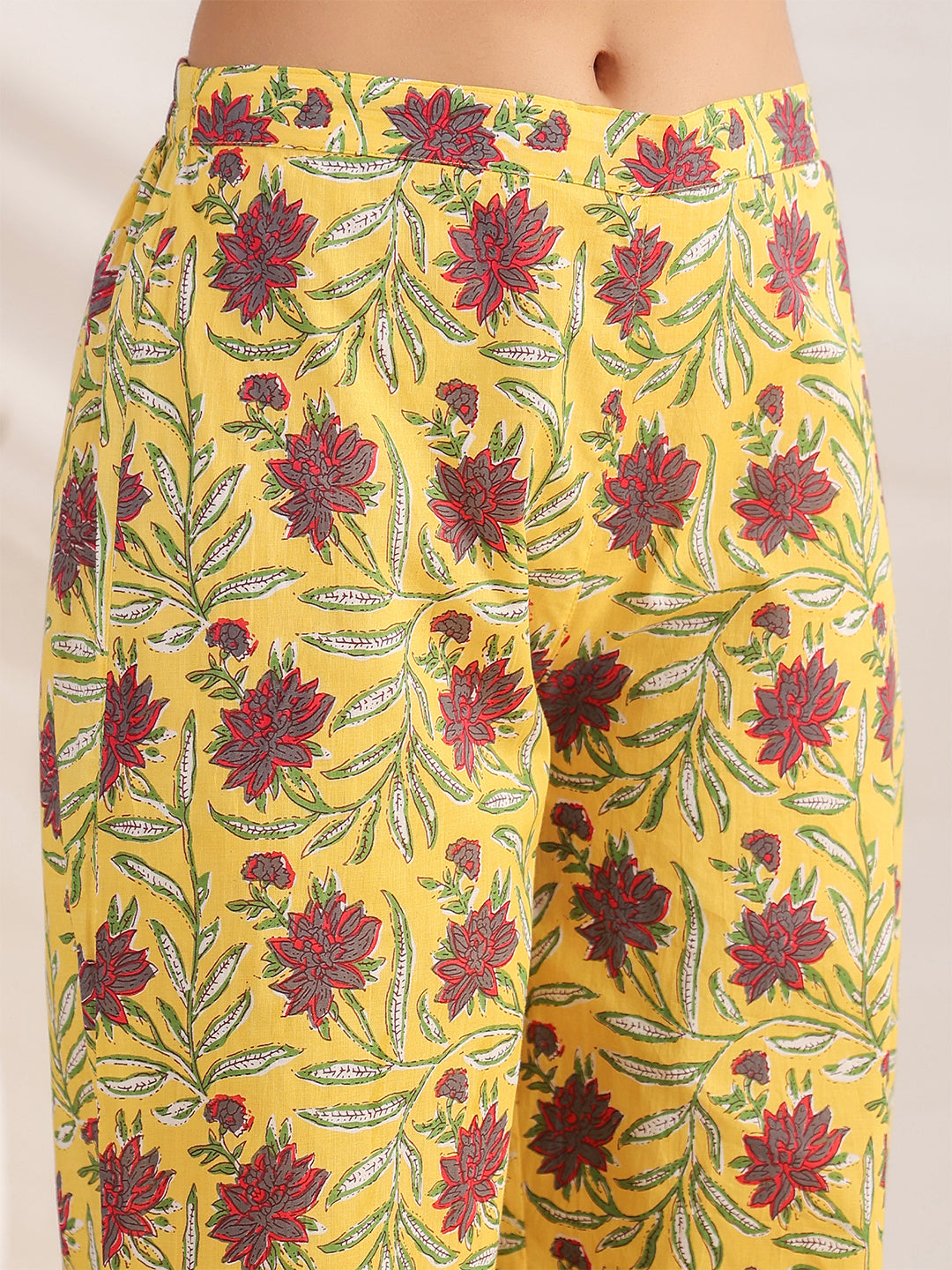 Janasya Bright Cotton Floral Pleated Top & Bottom Set