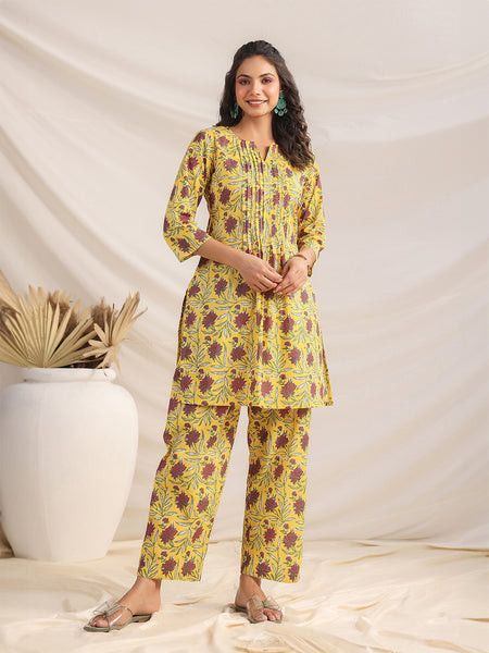 Janasya Bright Cotton Floral Pleated Top & Bottom Set