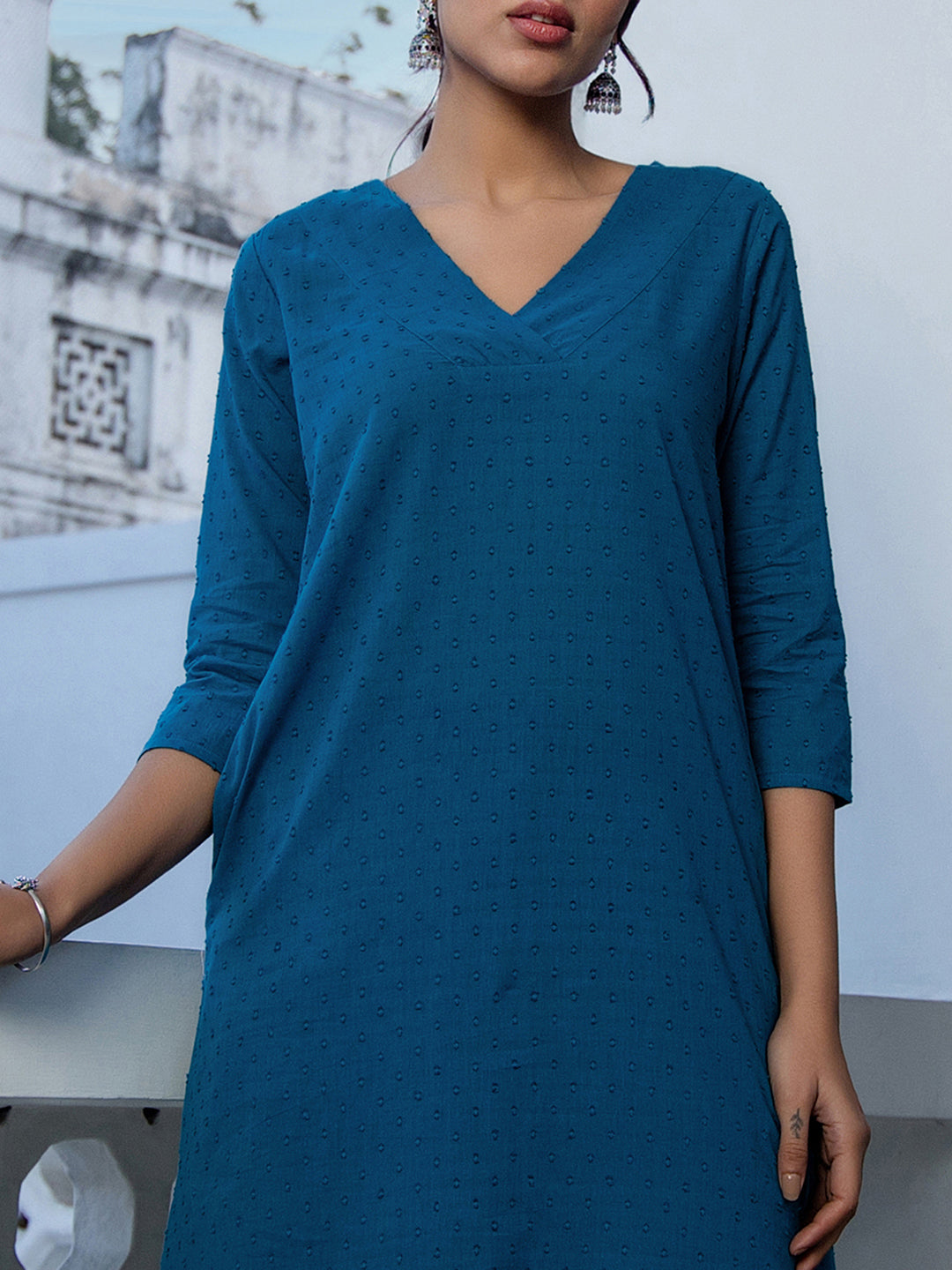 Janasya A-Line Dobby Cotton Teal Self Design V-Neck Co-Ords - Distacart