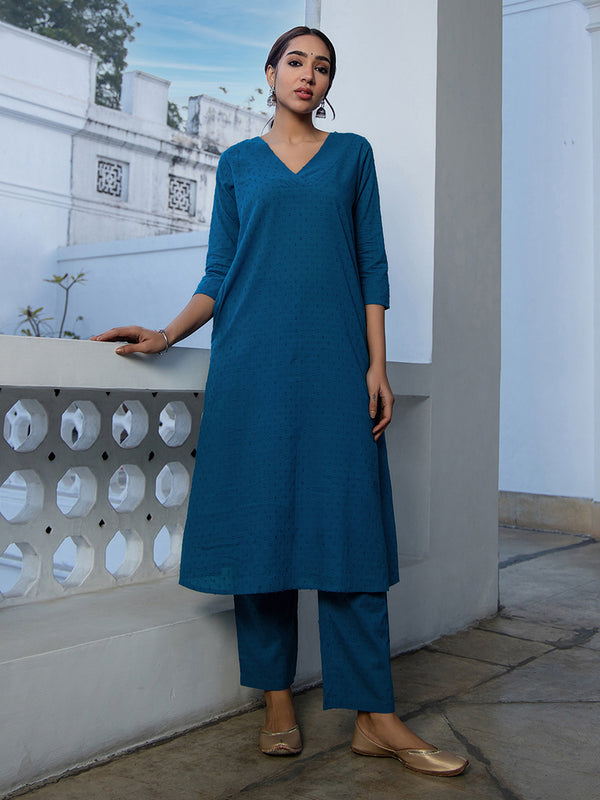 Janasya A-Line Dobby Cotton Teal Self Design V-Neck Co-Ords - Distacart