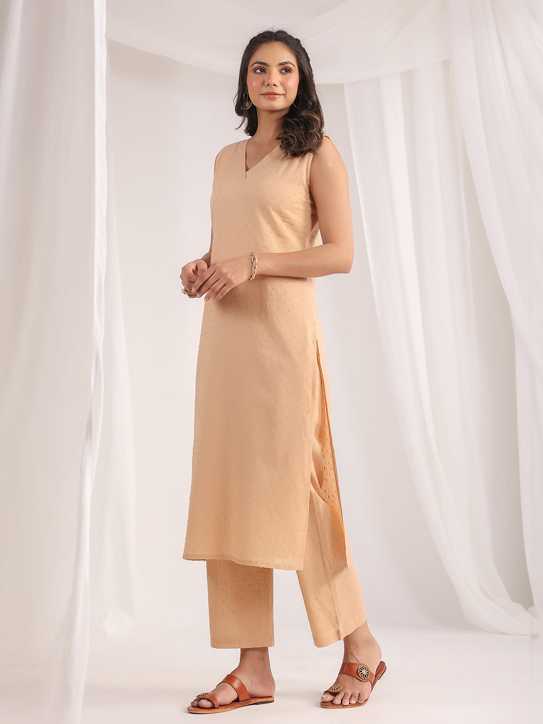 Janasya Straight Dobby Cotton Beige Solid V-Neck Co-Ords - Distacart