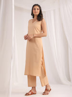 Thumbnail for Janasya Straight Dobby Cotton Beige Solid V-Neck Co-Ords - Distacart