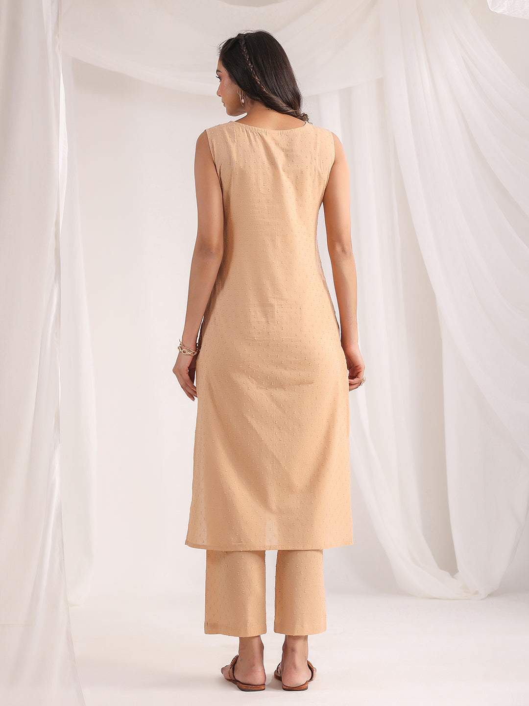 Janasya Straight Dobby Cotton Beige Solid V-Neck Co-Ords - Distacart