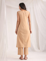 Thumbnail for Janasya Straight Dobby Cotton Beige Solid V-Neck Co-Ords - Distacart
