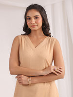 Thumbnail for Janasya Straight Dobby Cotton Beige Solid V-Neck Co-Ords - Distacart
