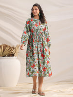 Thumbnail for Janasya Pleated Cambric Blue Floral Band Collar Dress - Distacart