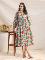 Thumbnail for Janasya Pleated Cambric Blue Floral Band Collar Dress - Distacart