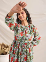 Thumbnail for Janasya Pleated Cambric Blue Floral Band Collar Dress - Distacart