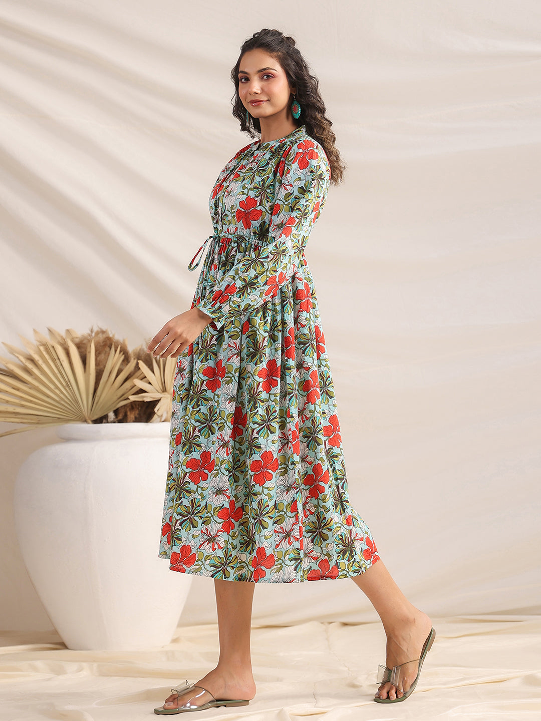 Janasya Pleated Cambric Blue Floral Band Collar Dress - Distacart