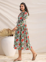 Thumbnail for Janasya Pleated Cambric Blue Floral Band Collar Dress - Distacart