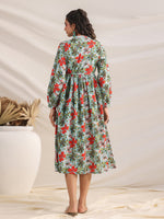 Thumbnail for Janasya Pleated Cambric Blue Floral Band Collar Dress - Distacart
