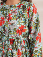 Thumbnail for Janasya Pleated Cambric Blue Floral Band Collar Dress - Distacart