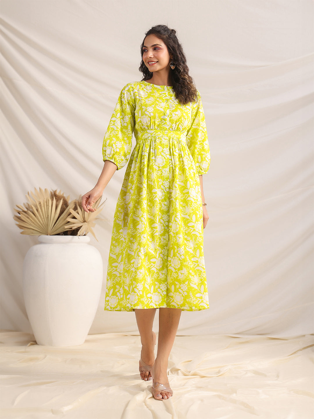 Janasya Bright Cotton Floral Gathered Dress