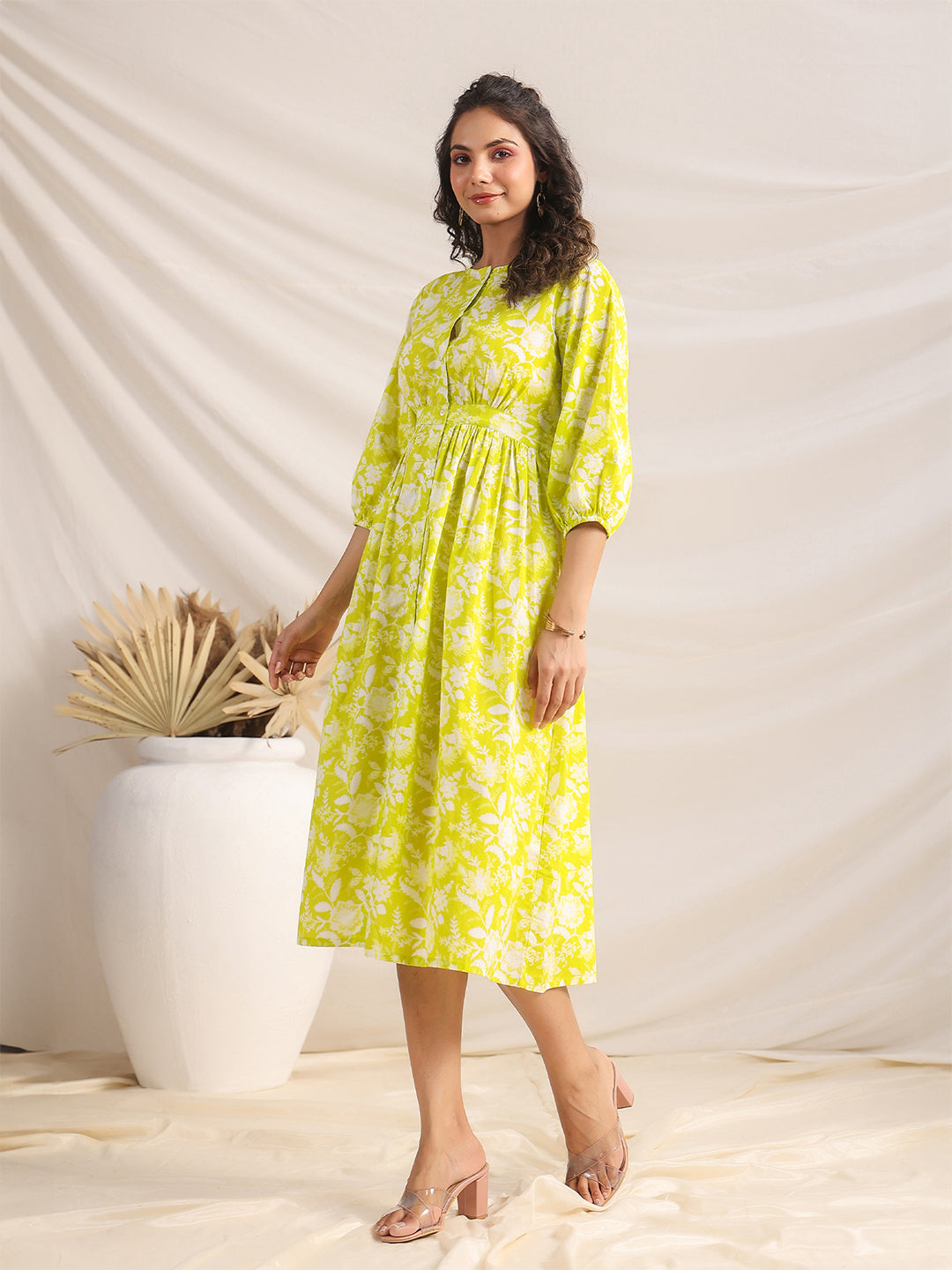 Janasya Bright Cotton Floral Gathered Dress