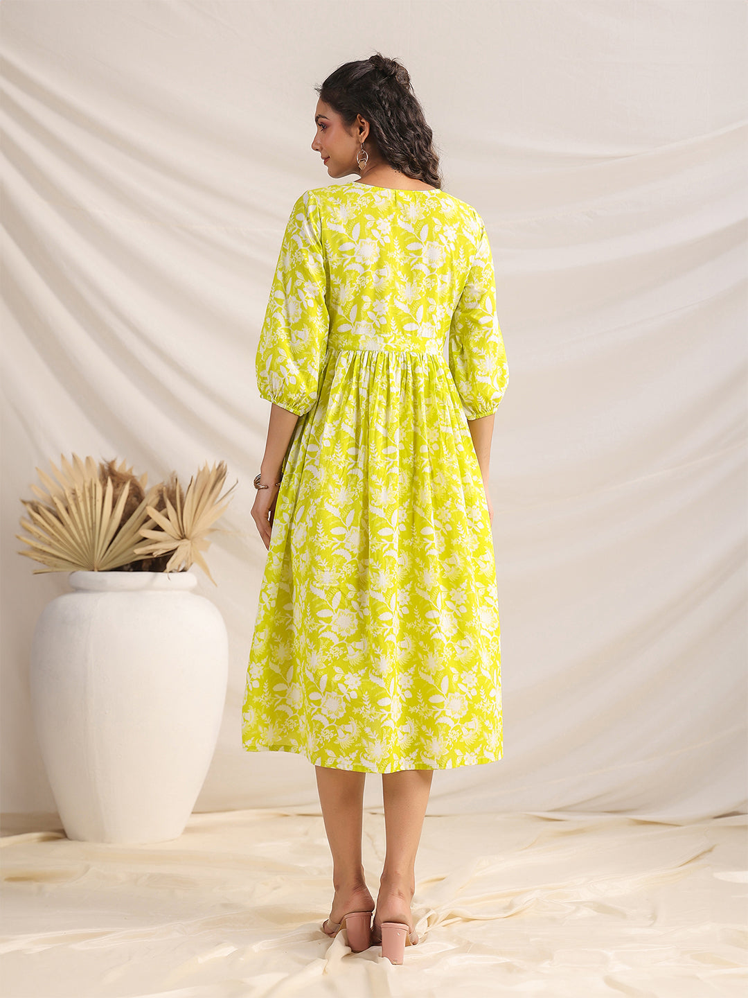 Janasya Bright Cotton Floral Gathered Dress