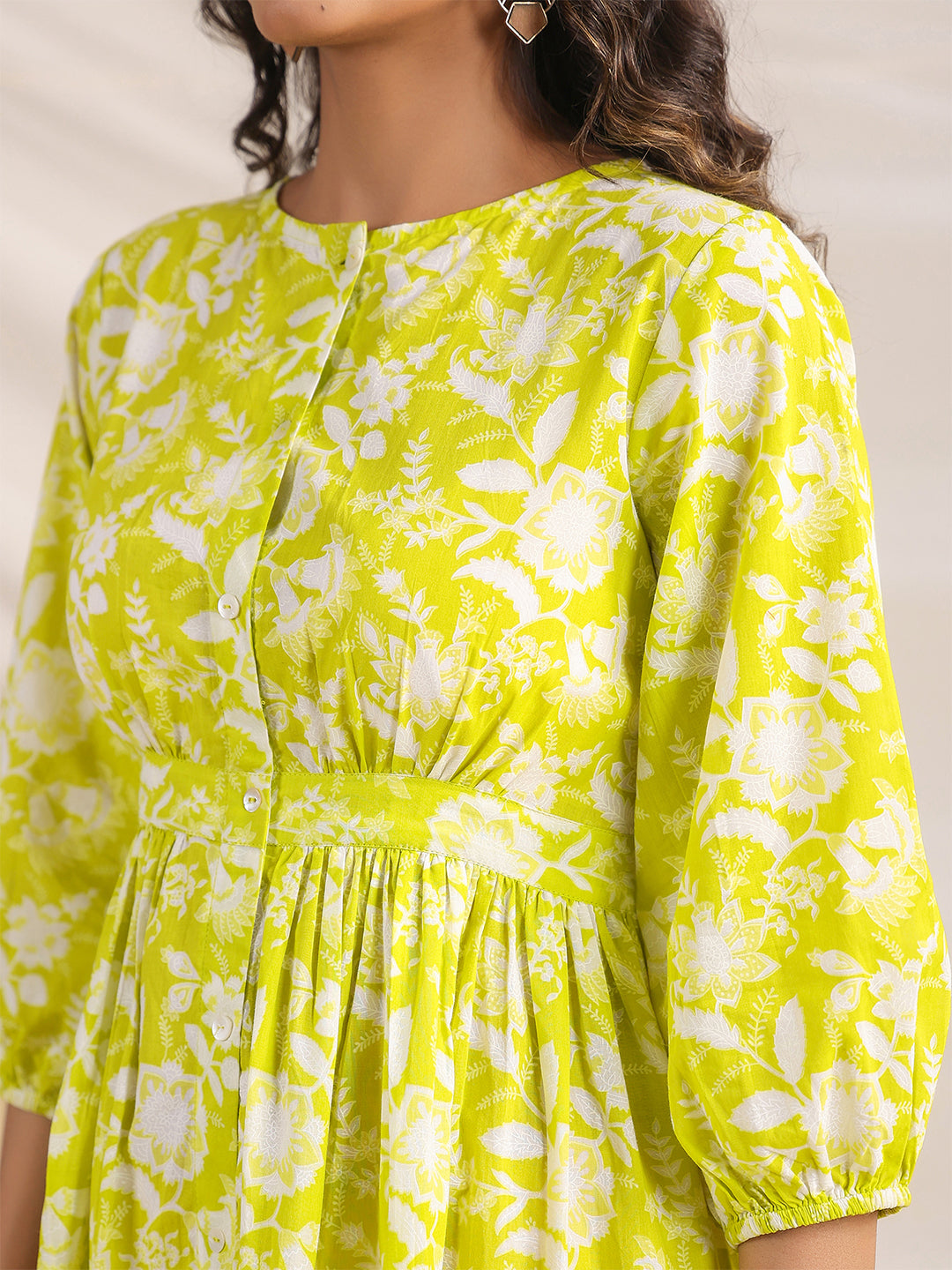 Janasya Bright Cotton Floral Gathered Dress