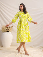 Thumbnail for Janasya Bright Cotton Floral Gathered Dress