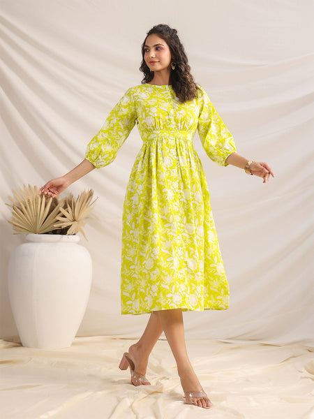 Janasya Bright Cotton Floral Gathered Dress