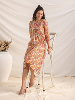 Thumbnail for Janasya Gathered Cambric Yellow Floral V-Neck Dress - Distacart