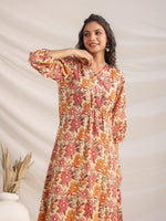 Thumbnail for Janasya Gathered Cambric Yellow Floral V-Neck Dress - Distacart